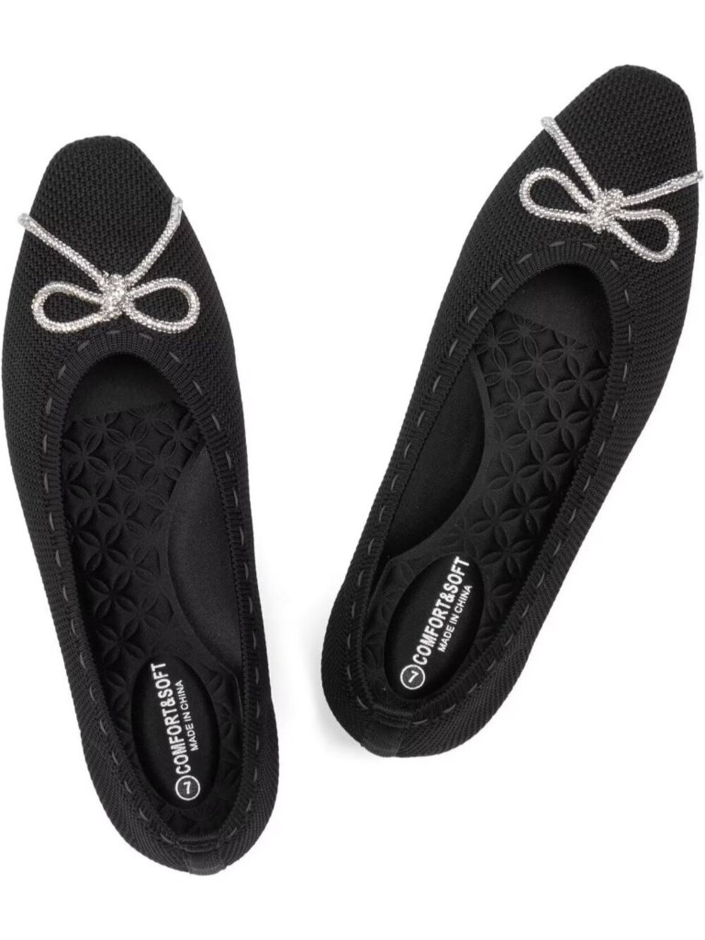 Women's Black Rubber Knit Square Toe Rhinestone Bow Ballet Flats Flexible Shoes